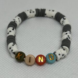 Clay Bracelet in white & Gray. It has the word kind in the pic. but you can customize to any name or word & Size. Measure Wrist or Ankle then we will add slack to hang/.