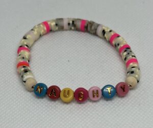 Clay bracelets with Gray and Pink, multi color letter beads. Shown with word Naughty. available in any size, name or word.